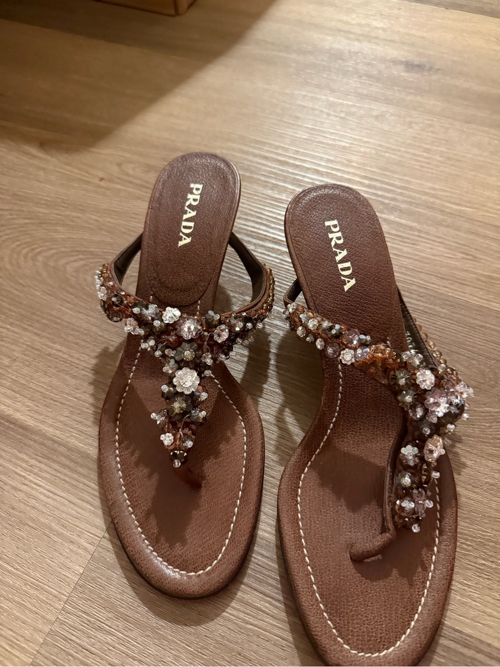 Vintage Prada Brown Jeweled T-Strap Sandals